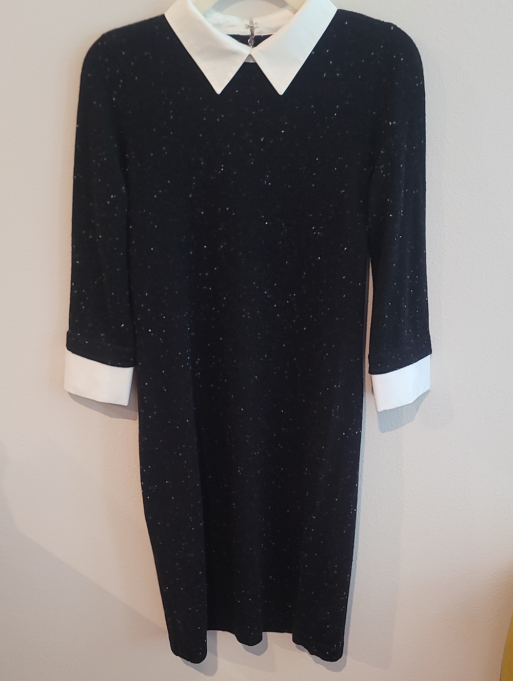 Tahari Black Knit Midi Dress with White Collar and Cuffs